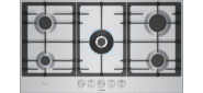 Serie 6,  газовая варочная панель, 90 см, нержавеющая сталь,  5 конфорок,  1 WOK-конфорка c 2 контурами пламени,  1 конфорка повышенной мощности , чугунные решетки, газ-контроль,  автоматический электроподжиг,  сделано в Испании