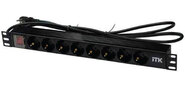 ITK PH12-8D1-P PDU 8 розеток DIN49440 (нем. cтанд.) с LED выключателем, 1U, шнур 2м вилка DIN49441 (нем. станд.), профиль из ПВХ, черный