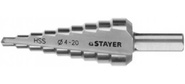 Сверло STAYER "MASTER" ступенчатое по сталям и цвет.мет.,  сталь HSS,  d=4-20мм,  9ступ.d 4-20,  L-75 мм, трехгран. хвост. 8мм [29660-4-20-9]
