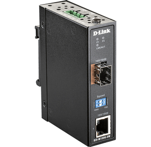 D-Link DIS-M100G-SW / A1A,  DIN-Rail unmanaged industrial media converter with 1100 / 1000Base-T port and 11000Base-X SFP port.