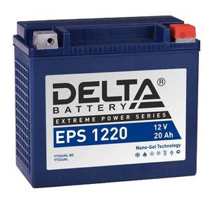 Стартерный мото аккумулятор Delta EPS 1220 напряжение 12В,   емкость 20Ач,  клемма Болт + гайка ? 6 мм  (ДхШхВ: 205х87х162мм Полная высота 167мм; Вес 7, 74кг; Кол-во элементов 6; Срок службы 5лет; Гарантия 1год)