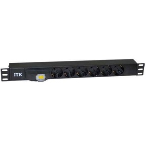 ITK PDU 6 розеток DIN49440  (нем. cтанд.),  с автоматом на 10А, 1U,  без шнура,  вх. IEC320 C14,  алюминиевый профиль,  черный