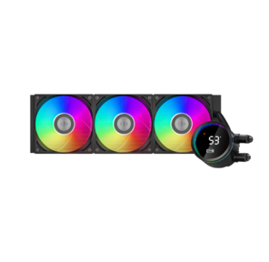 Кулер для процессора /  PCCooler DA360 Pro ARGB Digital BK  (300W,  360mm,  LED temp.,  Black,  ARGB /  Fans: 3x120mm,  75.8CFM,  33.7dBA,  2200RPM /  Pump height 57mm,  28dBA,  3000RPM,  Rad thickness 27mm /  S: 1851,  1700,  1200,  20XX,  115X,  AM5,  AM4)