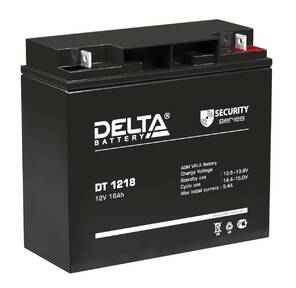 Аккумуляторная батарея Delta DT 1218 напряжение 12В,  емкость 18Ач,  клемма Болт + гайка ? 5, 5 мм  (ДхШхВ: 181х77х160мм Полная высота 167мм; Вес 5, 2кг; Кол-во элементов 6; Срок службы 5лет; Гарантия 1год)