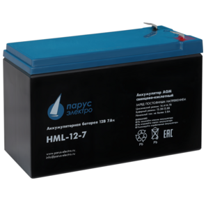 Battery Parus Electro,  professional series HML-12-7,  voltage 12V,  capacity 7.2Ah  (discharge 20 hours),  max. discharge current  (5sec) 140A,  max. charge current 2.8A,  lead-acid type AGM,  terminals F2,  LxWxH 151x65x94mm.,  total height with terminals 101mm.,  weight 2.5kg.,  service life 12 years.