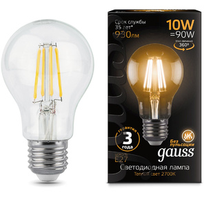 GAUSS 102802110 Светодиодная лампа LED Filament A60 E27 10W 930lm 2700К 1 / 10 / 40