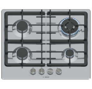 Serie 4,  газовая варочная панель,  60см,  нержавеющая сталь,  4 конфорки, 1 WOK-конфорка c 2 контурами пламени,  составные чугунные решетки,  газ-контроль,  автоматический электроподжиг,  сделано в Испании