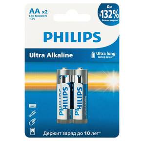 Philips Батарейки LR6E2W / 51 АА алкалиновые 1, 5v,  LR6-2BL Ultra  (2 / 24 / 144 / 11520). Блистер 2 шт.