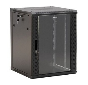 Hyperline TWB-FC-1566-GP-RAL9004 Шкаф настенный 19-дюймовый  (19"),  15U,  775х600х600мм,  стеклянная дверь с перфорацией по бокам,  ручка с замком,  с возможностью установки на ножки,  цвет черный RAL 9004