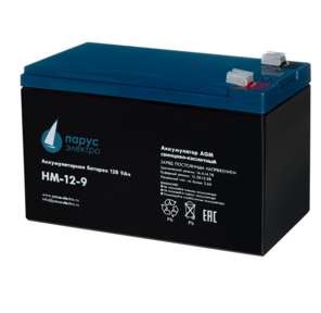 Battery Parus Electro HM-12-9,  standard series HM-12-9,  voltage 12V,  capacity 9Ah  (discharge 20 hours),  max. discharge current  (5sec) 135A,  max. charge current 3.6A,  lead-acid type AGM,  terminals F2,  LxWxH 151x65x94mm.,  total height with terminals 100mm.,  weight 2.65kg.,  service life 6 years.