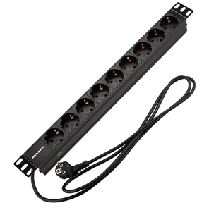 Rexant  (04-0105-1) Блок распределения питания для 19" шкафов,  горизонтальный,  9 розеток СЕЕ 7 / 4,  16A,  без выкл,  алюм корп,  шнур 2м,  вилка СЕЕ 7 / 7