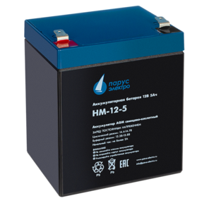 Battery Parus Electro,  standard series HM-12-5,  voltage 12V,  capacity 5Ah  (discharge 20 hours),  max. discharge current  (5sec) 75A,  max. charge current 2A,  lead-acid type AGM,  terminals F2,  LxWxH 90x70x101mm.,  total height with terminals 107mm.,  weight 1.8kg.,  service life 6 years.