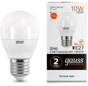 GAUSS 53210 Светодиодная лампа LED Elementary Шар 10W E27 880lm 3000K 1 / 10 / 100 0