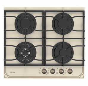 Встраиваемая газовая панель Korting /  Газовая варочная панель из закаленного стекла,  ширина 60 см,   4 высокоэффективных конфорок,  сверхмощная конфорка WOK,  автоматический электроподжиг,  газ-контроль каждой конфорки,  передние металлические переключатели,   чугунные решетки для посуды ,  ретро,  цвет - бежевый
