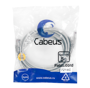 Cabeus PC-UTP-RJ45-Cat.5e-3m Патч-корд U / UTP,  категория 5е,  2xRJ45 / 8p8c,  неэкранированный,  серый,  PVC,  3м