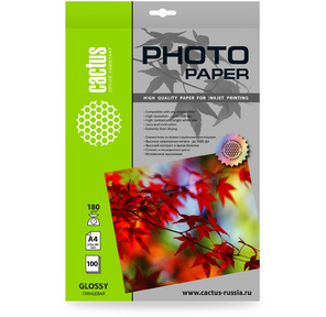 Фотобумага Cactus CS-GA4180100 A4 / 180г / м2 / 100л. / белый глянцевое для струйной печати