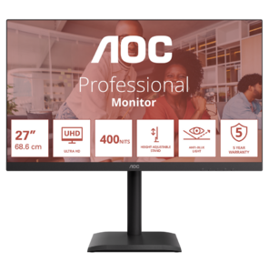 Монитор 27" AOC U27E4CV Black  (4K,  IPS,  3840x2160,  60Hz,  4 ms,  178° / 178°,  400 cd / m,  +2xHDMI 2.0,  +DisplayPort 1.4,   DP Out,  USB,  USB-C,  LAN,  SPK,  Pivot)