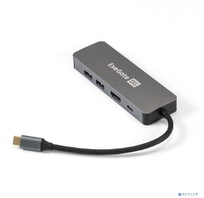 Exegate EX293982RUS Док-станция ExeGate DUB-21C / PD / HL  (кабель-адаптер USB Type-C --> 2xUSB3.0 + PD 100W + HDMI 4K@60Hz + Lan RJ45 10 / 100 / 1000Mb,  Plug&Play,  серая)
