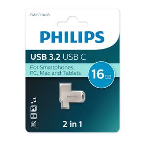 Флеш накопитель 16Gb PHILIPS 2-in-1 USB 3.2 USB C,  OTG,  USB 3.2 / Type-C,  Металл,  100 MB / s
