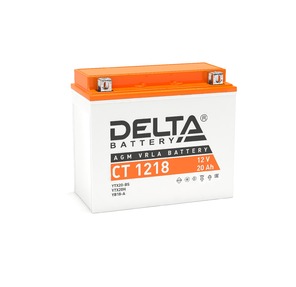 Стартерный мото аккумулятор Delta CT 1218 напряжение 12В,   емкость 20Ач,  клемма Болт + гайка ? 6 мм  (ДхШхВ: 177х88х154мм Полная высота 159мм; Вес 6, 3кг; Кол-во элементов 6; Срок службы 5лет; Гарантия 1год)