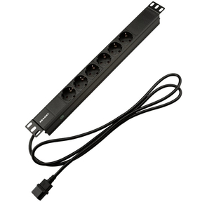 Rexant  (04-0301-1) Блок распределения питания для 19" шкафов,  горизонтальный,  6 розеток СЕЕ 7 / 4,  10A,  без выкл,  алюм корп,  шнур 2м,  вилка C14