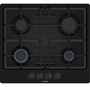 Serie 4,  газовая варочная панель,  60см,  эмаль,  черный,  4 конфорки, 1 конфорка повышенной мощности,  составные чугунные решетки,  газ-контроль,  автоматический электроподжиг,  сделано в Испании