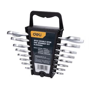 Набор двусторонних гаечных ключей 8 шт Deli DL160008A Спец.: 6x7мм,  8x9мм,  10x11мм,  12x13мм,  14x15мм,  16x17мм,  18x19мм,  20x22мм. Матовая хромированная поверхность. Пластиковая упаковка.