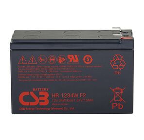Battery CSB series GP,  HR1234W F2,  voltage 12V,  capacity 34 W / C at 15 min. discharge to U fin. - 1.67 V / Cel at 25°C,   (discharge 20 hours),  max. discharge current  (5 sec.) 130A,  short circuit current 349A,  max. charge current 3.4A,  lead-acid type AGM,  terminals F2,  LxWxH 150.9x64.8x98.6mm.,  weight 2.5kg.,  service life 5 years.