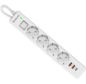 Defender Удлинитель с сетевым фильтром DFS 145,  белый,  4розетки,  USB+TypeC,  5 м.