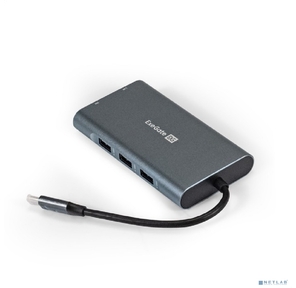 Exegate EX293985RUS Док-станция ExeGate DUB-31C / MAX  (кабель-адаптер USB Type-C --> 3xUSB3.0 + Card Reader + PD 100W + HDMI 4K@30Hz + VGA + Audio + Lan RJ45 10 / 100 / 1000Mb,  Plug&Play,  серый)