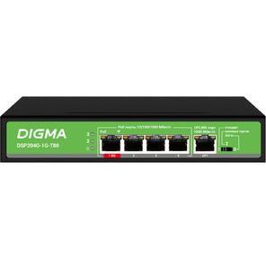 Коммутатор Digma DSP204G-1G-T80  (L2) 5x1Гбит / с 4PoE 4PoE+ 1PoE++ 80W неуправляемый