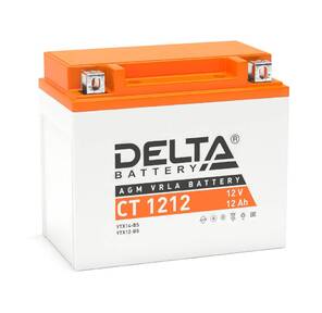 Стартерный мото аккумулятор Delta CT 1212 напряжение 12В,   емкость 12Ач,  клемма Болт + гайка ? 6 мм  (ДхШхВ: 150х86х131мм Полная высота 136мм; Вес 3, 41кг; Кол-во элементов 6; Срок службы 5лет; Гарантия 1год)