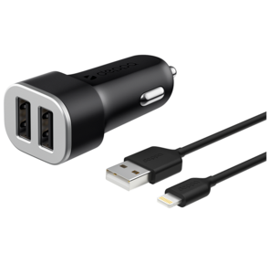 Deppa 11285 Автомобильное зарядное устройство 2 USB 2.4А + кабель Lightning,  MFI,  черный