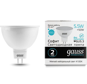 GAUSS 13526 Светодиодная лампа LED Elementary MR16 GU5.3 5.5W 450lm 4100К 1 / 10 / 100 0