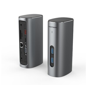 Vention USB-C to HDMI / VGA / USB 3.1 Gen 2 / USB 3.1 Gen 2-C / USB 3.0x2 / RJ45 / SD / TF / TRRS 3.5mm / PD / DC Docking Station Gray Vertical Aluminum Alloy Type EU Standard
