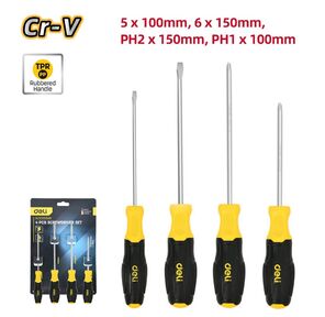 Набор отверток Deli DL630004N 4шт SL5x100 + SL6x150 + PH1x100 + PH2x150 сталь Cr-V,  двухкомпонентная прорезиненная рукоять