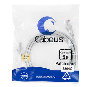 Cabeus PC-UTP-RJ45-Cat.5e-1.5m-LSZH Патч-корд U / UTP,  категория 5е,  2xRJ45 / 8p8c,  неэкранированный,  серый,  LSZH,  1.5м