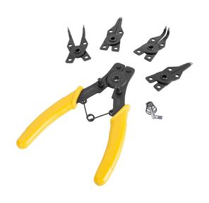 Съемник стопорных колец 5-в-1 Deli DL104506 6"; Многофункциональные клещи для стопорных колец. Черная отделка и полировка. 4 сменных головки плоскогубцев.