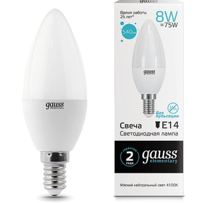 GAUSS 33128 Светодиодная лампа LED Elementary Свеча 8W E14 540lm 4100K 1 / 10 / 100 0