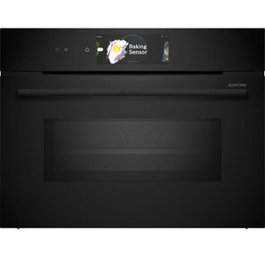 Accent line. Компактная духовка с микроволновой печью и 22 типами нагрева,  45.5x59.5x54.8 см,  45л,  дисплей, инвертор, SoftClose и SoftOpen,  Bosch Assist,  черный. Телескопические направляющие 1 уровень, пиролитическая очистка, многоточечный термощуп PerfectRoast