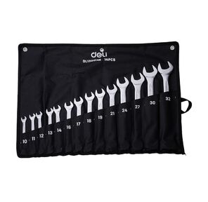 Набор комбинированных гаечных ключей 14 шт Deli DL130014B Спецификация: 10 мм,  11 мм,  12 мм,  13 мм,  14 мм,  16 мм,  17 мм,  18 мм,  19 мм,  21 мм,  24 мм,  27 мм,  30 мм,  32 мм. Матовая хромированная поверхность. Тканевая упаковка.