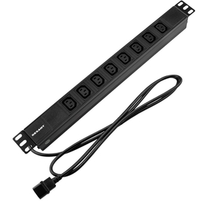 Rexant  (04-0304-1) Блок распределения питания для 19" шкафов,  горизонтальный,  8 розеток C13,  10A,  без выкл,  алюм корп,  шнур 2м,  вилка C14