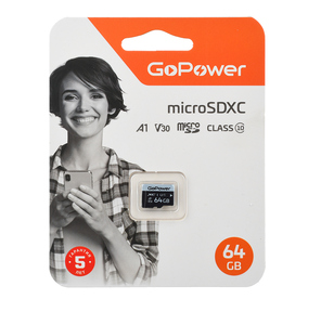 Карта памяти microSD GoPower 64GB Class10 70 МБ / сек V30 без адаптера
