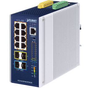коммутатор /  PLANET IGS-6329-8UP2S2X IP30 DIN-rail Industrial L3 8-Port 10 / 100 / 1000T 802.3bt PoE + 2-port 1G / 2.5G SFP + 2-Port 10G SFP+ Full Managed Switch  (-40 to 75 C,  8-port 95W PoE++,  802.3bt / PoH / Force modes,  DIDO,  ERPS Ring,  1588 PTP TC,  Modbus TCP,  ONVIF,  Cybersecurity features,  Layer3 OSPFv2 routing,  supports CloudViewer app and MQTT,  supports 100FX,  1000X,  2.5G SFP and 10G SFP+,  EN61000-6-2 / -4 Heavy Industrial EMC and EN50121-4 Railway certified)