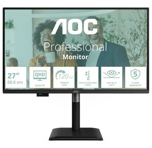 Монитор 27" AOC Q27P4CV   IPS,  2560x1440,  120Hz,  4ms,  350сd / m,  1500:1 | HDMI (2.0),  DP (1.4),  Type-C (PD-96W),  4xUSB 3.2,  RJ45 | HAS,  Pivot,  Swivel,  InPSU,  Speakers,  Vesa 100,  Black