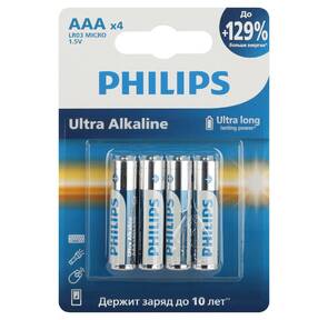 Philips Батарейки LR03E4B / 51 ААА алкалиновые 1, 5v,  LR03-4BL Ultra  (4 / 48 / 144 / 27648). Блистер 4 шт.