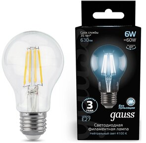 GAUSS 102802206 Светодиодная лампа LED Filament A60 E27 6W 630lm 4100К 1 / 10 / 40