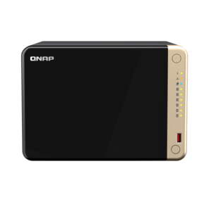 SMB QNAP TS-664-8G NAS 6 HDD trays,  4-core Intel Celeron N5105 / N5095 2.0-2.9 GHz,  8 GB RAM ,  2x2.5 Gigabit Ethernet ,  2xUSB 3.2 Gen 2  (10Gbps),  2xUSB 2.0 port,  1xHDMI,  2xM.2 PCIe Gen 3 x1 slots