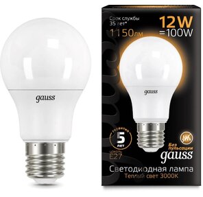 GAUSS 102502112 Светодиодная лампа LED A60 шар 12W E27 1150lm 3000K 1 / 10 / 50