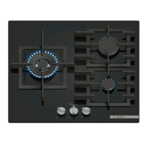 Serie 6,  газовая варочная панель,  60см, 3 конфорки, закаленное стекло,  черная, 1 WOK-конфорка c 2 контурами пламени,  FlameSelect, чугунные решетки,  газ-контроль,  автоматический электроподжиг,  сделано в Испании